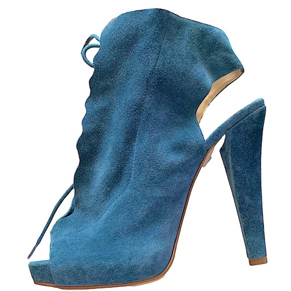 Enzo Angiolini Blue Suede Amarelle Peep Toe Lace Up Platform Heels Size 7 - Picture 6 of 13